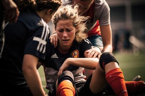 Premium Ai Image Injury Moment Women Soccer Player Down With An Injury Concern From Teammates