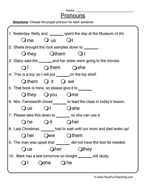 Nouns And Pronouns Worksheets