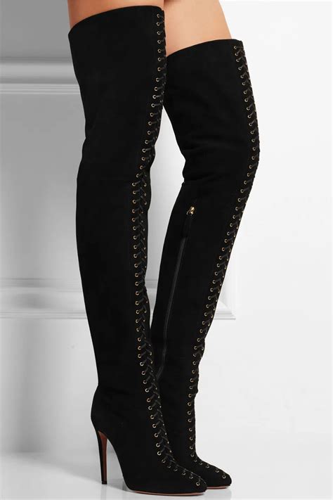 Autumn Winter Newest Lace Up Thigh High Boots High Quality Black Suede
