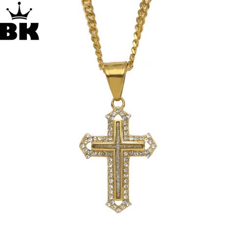 Stainless Steel Double Cross Pendant Chain Necklaces Pendants Iced Out Rhinestone Hip Hop Sand