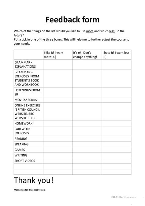 The slp will also ask your child to perform some oral motor tasks to assess the function of their oral mechanism this test can be administered in english and in spanish. Feedback form worksheet - Free ESL printable worksheets ...