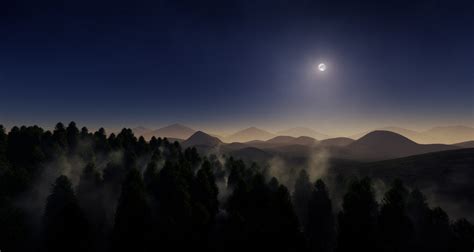 1500x800 Landscape Nature Mist Moon Mountain Forest Night Moonlight
