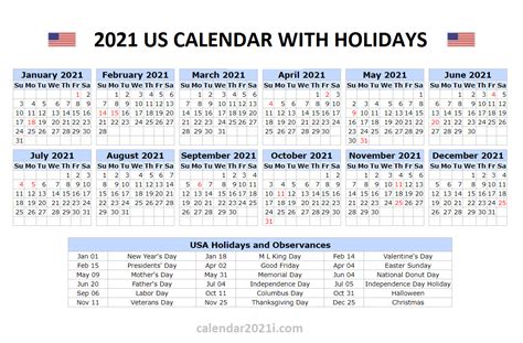 United States 2021 Year 2021 Calendar With Holidays Usa