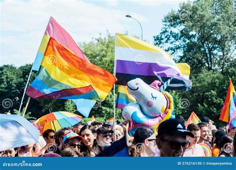 lgbt parade pride month in warsaw activists gay lesbians trans hetero people in lgbt pride