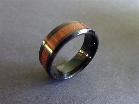 Titanium And Acacia Wood Ring Handcrafted Titanium Steel Band Black