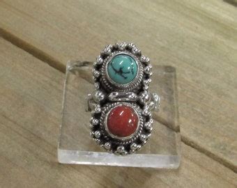 Beautiful Vintage Turquoise And Coral Sterling Silver Ring Etsy