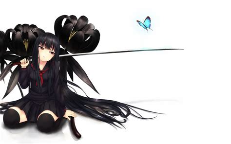 Black Hair Butterfly Flowers Katana Long Hair Noririn