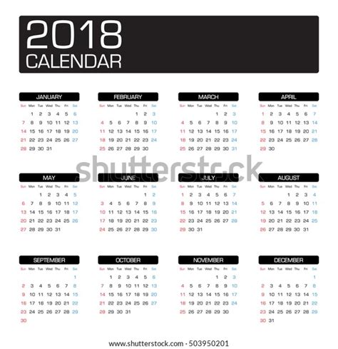 2018 Year Calendar Template Stock Vector Royalty Free 503950201