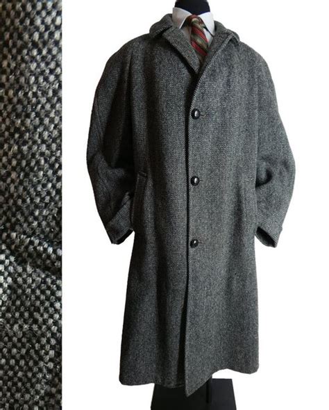 Mens Vintage 1950s Harris Tweed Overcoat Wool Tweed Coat 54 Inch Chest