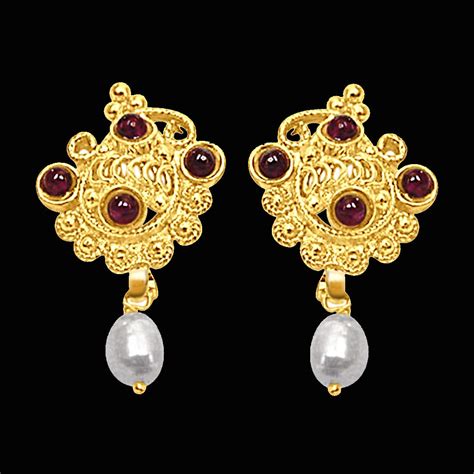 24kt Gold Plated Pearl And Garnet Earrings Surat Diamond Jewelry