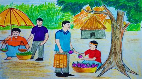 How to draw traffic policeman at traffic signal scene. How to Draw Scenery of Village Market | Toma's Drawing ...