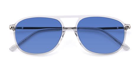 Clear Oversized Double Bridge Square Tinted Sunglasses With Blue Sunwear Lenses 17580