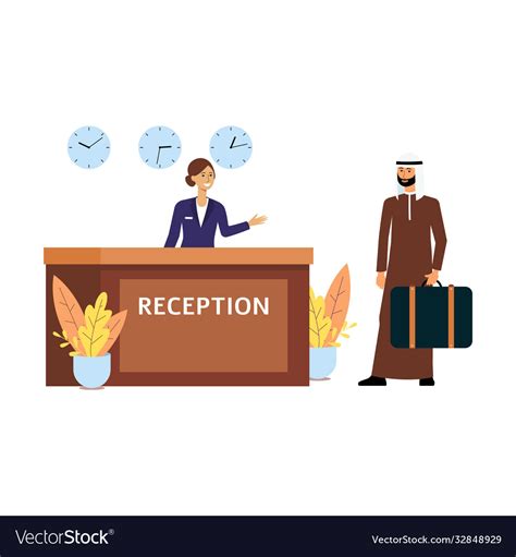 Cartoon Receptionist Welcoming A Guest At Hotel Vector Image