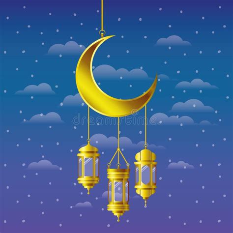 Ramadan Kareem Golden Lanterns And Moon Hanging Stock Vector