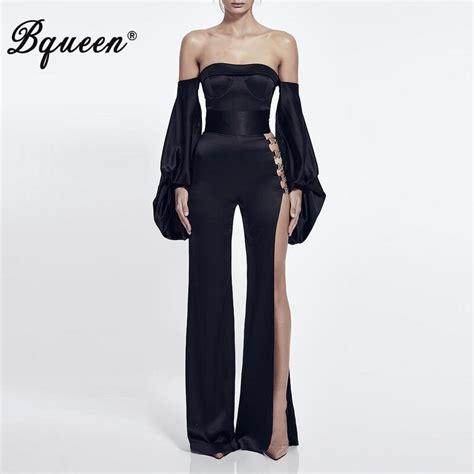 bqueen 2017 new arrival sexy off the shoulder strapless split women jumpsuits black full length