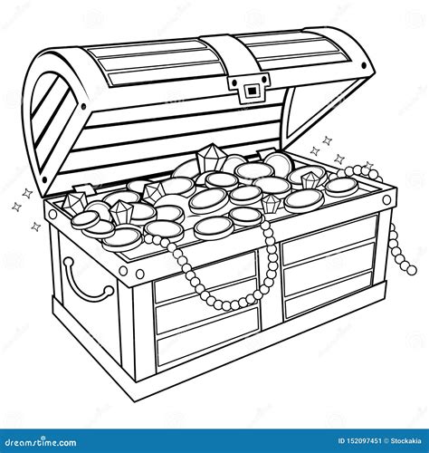 Treasure Chest Black And White Coloring Page Cartoon Vector