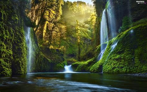 Light Breaking Through Sky River Forest Waterfall Amazing Nature