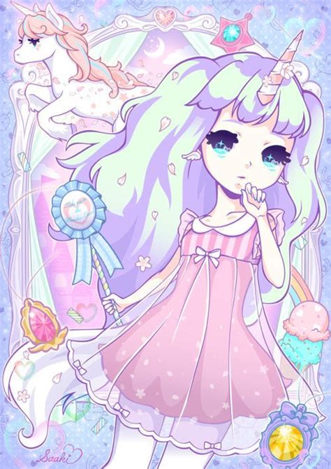 Kawaii Anime Chibi Girl And Unicorn Pastel Colours