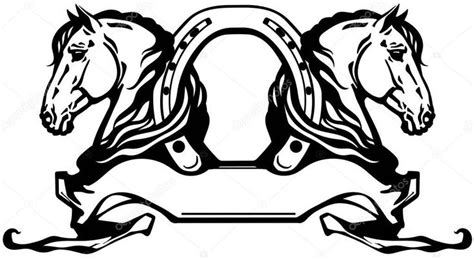 Two Heads Of Horses In Profile Logo Banner Emblem With Horseshoe And