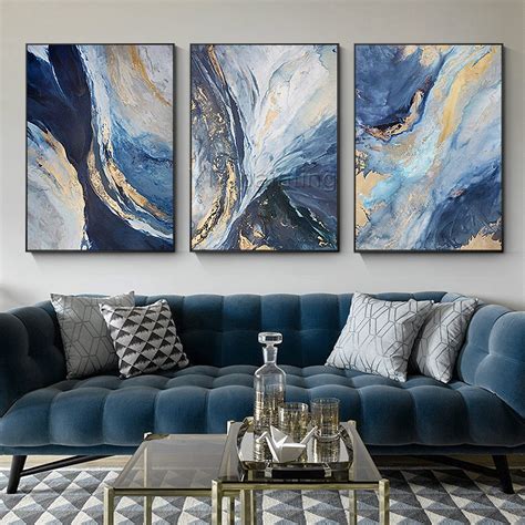 Framed Painting Gold Art Blue Painting 3 Pieces Wall Art Abstract