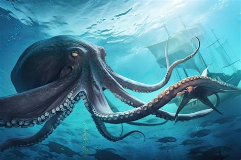 Premium Ai Image Octopus Kraken Battling Giant Squid In Underwater Battle