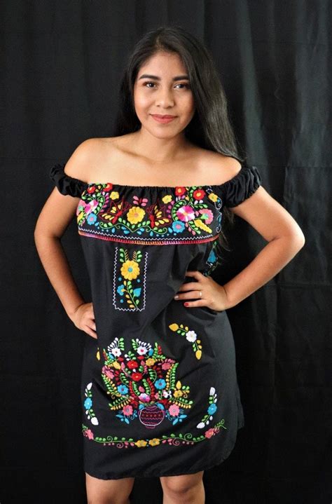 Womens Mexican Dress Embroidered Dress Black Mexican Dress Etsy