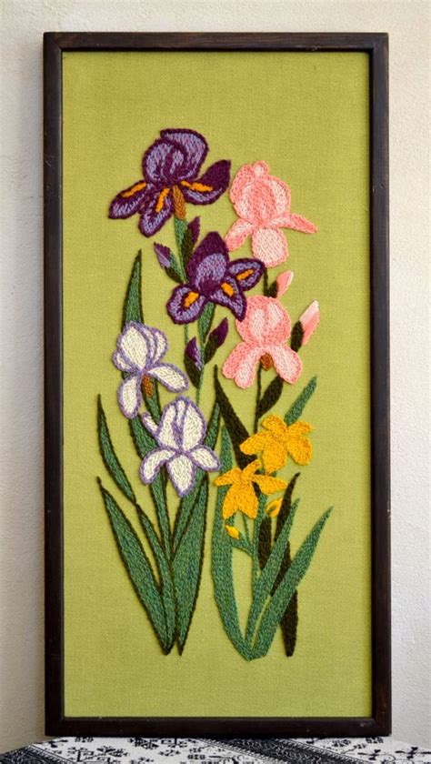 Vintage Crewel Embroidery Purple Pink & White Irises | Etsy | Crewel ...