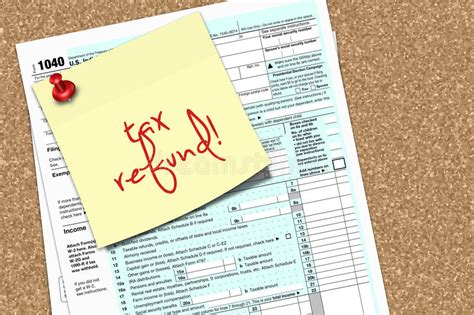 Note With Tax Refund Text And 1040 Form Pinned To Pin Board Editorial