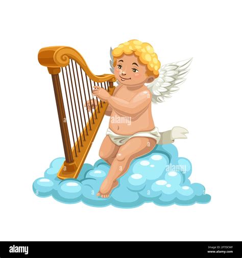 Cartoon Cupid Angel Playing Harp On Cloud Stock Vector Image And Art Alamy