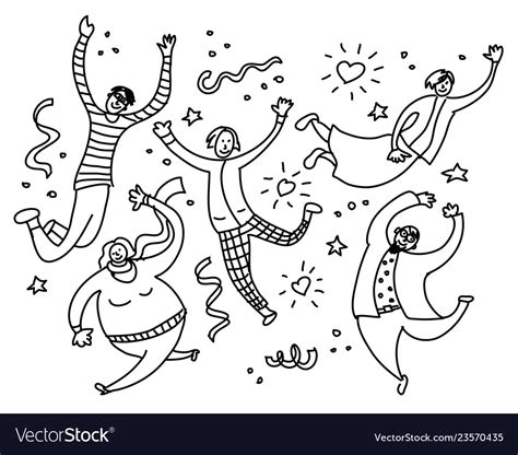 Happy Young Jumping People Black And White Vector Image