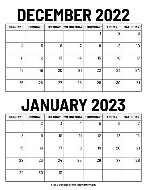December 2022 January 2023 Calendar Template 2022 Calendars For Planning