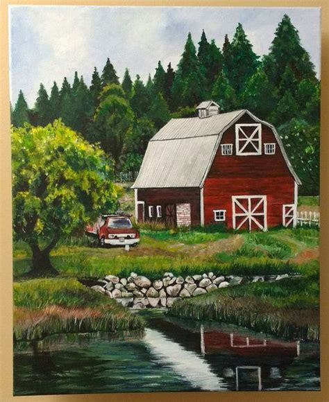 Red Barn Original Hand Painted Acrylic Painting On A Stretched Canvas