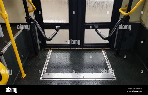 Bus Door With Yellow Handles Interior View The Mechanism For Opening