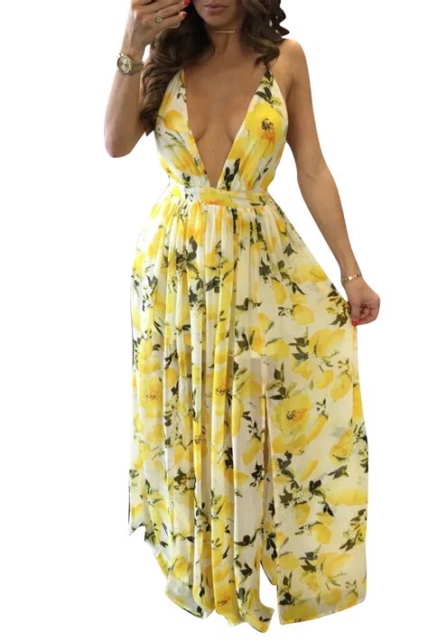 New Summer Lemon Pattern Printed Dress Hot Sexy Deep V Neck Spaghetti