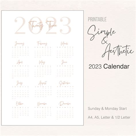 Aesthetic Calendar 2023 Printable Simple Calendar 2023 2023 Etsy