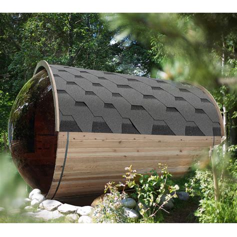 Outdoor Rustic Cedar Barrel Sauna With Panoramic View And Bitumen Shin