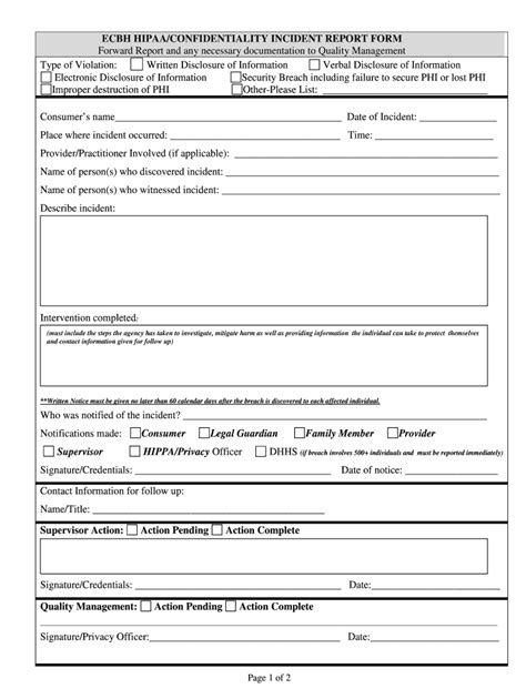 Ecbh Hipaaconfidential Incident Report Form Fill And