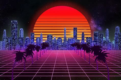 Retro Wave Synthwave Or Vaporwave Skyline Scenery Or Landscape At