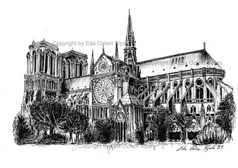 Notre Dame Cathedral Artwork Hand Drawing Ink Pen Drawing Etsy