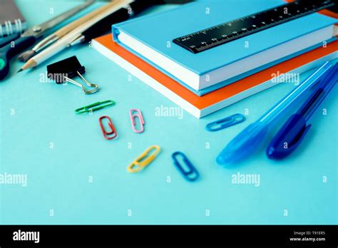 School Supplies On Blue Background Close Up Stock Photo Alamy