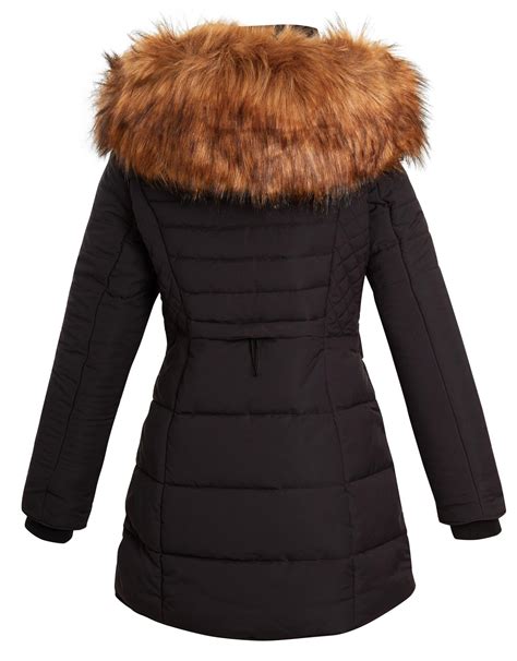 womens ladies long faux fur trim hood fitted quilted jacket puffer coat parka ebay