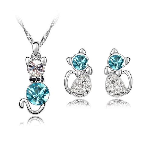 Cat Necklace And Earrings Set Multiple Colors Available Crystal