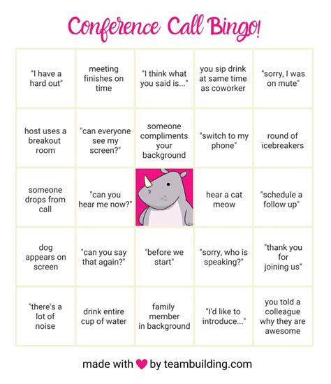 A Pink And White Poster With The Words Conference Call Bingo