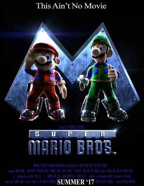 Two Super Mario Bros Standing Next To Each Other In Front Of A Poster