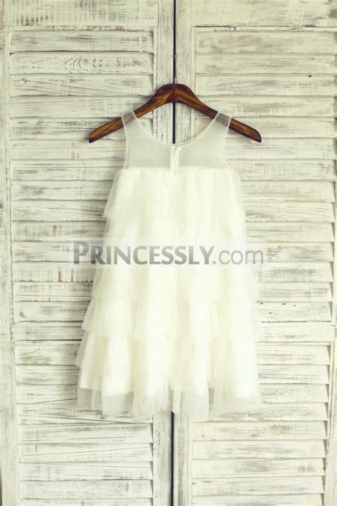 Sheer Neck Sleeveless Ivory Tulle Cupcake Wedding Flower Girl Dress