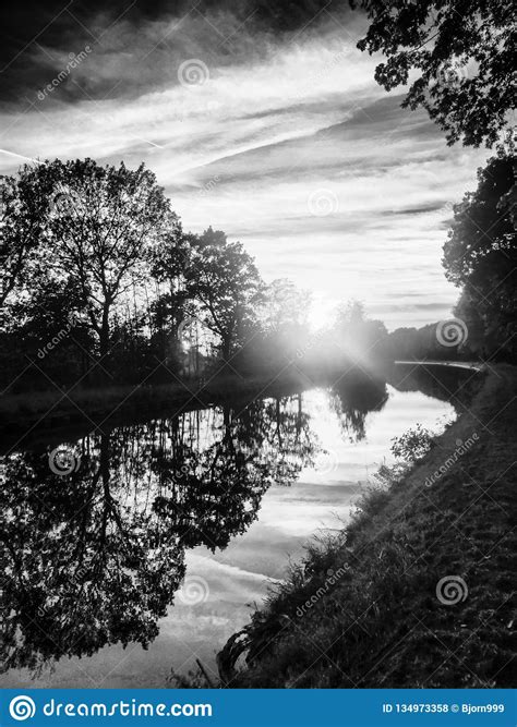 Monochrome Scenic River Landscape With Reflections Stock Photo Image