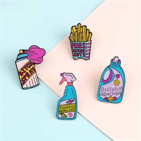Cartoon Pins Repellent Fries Brooches Funny Cute Remover Spray Enamel Pins Cleaning Denim Bag