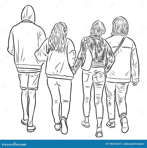 Outline Drawing Of Teens Friends Walking Outdoors Togrther Stock Vector