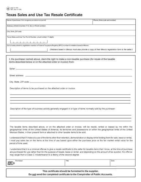 Texas Resale Certificate Form Printable
