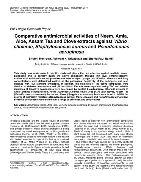 Pdf Comparative Antimicrobial Activities Of Neem Amla Aloe Assam